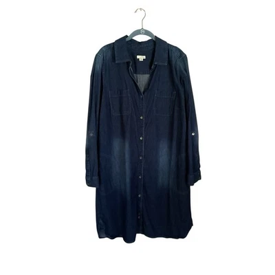J Jill Mujer Talla Vestido Western XL Cambray Denim Cambio Azul Bolsillos Pestaña Enrollable Foto 1 de 4
