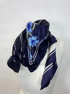 Vintage Neck Scarf Neckerchief Head Scarf Blue White Floral Large Square - Picture 1 of 4