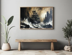Pirate Ship Sailing Oil Painting Wall Art Print Printed On Canvas Artprint - Picture 1 of 1