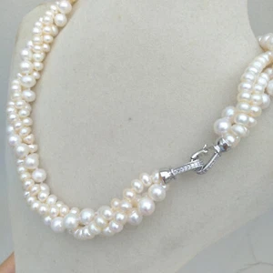 "Splendida Collana Vera Perla Tripla Strana Torsione Mare del Sud Bianco 17" - Foto 1 di 6