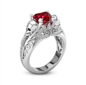 Exquisite Women's Red Crystal Zircon Skull Ring Punk Silver Jewelry Size 5-10 - Picture 1 of 7