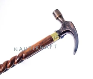 Vintage Wooden Walking Stick with Hammer Handle for Men & Women Stempunk Cane - Picture 1 of 6