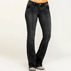Women Mid Waisted Water Wash Denim Jeans Embroidery Stretch Button Flare Pants.
