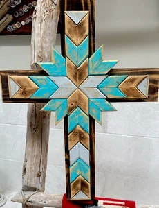 Simple Hand-Crafted Wooden Cross Southwest Farmhouse Folk Art 18x23 Turquoise - Picture 1 of 6