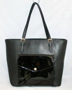 MICHAEL KORS Jet Set Large Pocket Tote 35H6GTTT3L Black Saffiano & Patent Lthr - Picture 1 of 11