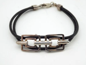 Sterling Silver Modernist Black Leather Geometric Bracelet Signed MFX 7" - Picture 1 of 5