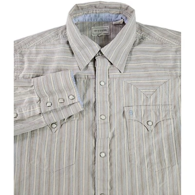 Stetson Western Shirt Pearl Snap Men L Brown Stripe Long Sleeve Logo Rodeo - Image 1 of 4
