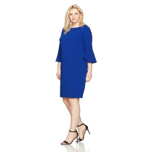 NWT CALVIN KLEIN Blue 3/4 Bell Sleeve Sheath Dress Size 18W Royal Blue Office - Picture 1 of 9