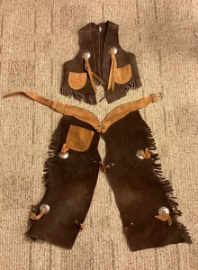 Kids Suede Leather Fringe Cowboy Western Vest And Chaps Costume Size 6 Vintage  - Picture 1 of 8
