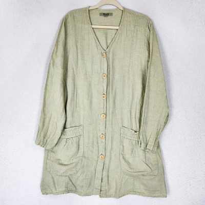 Suéter de lino para mujer mediano verde lino cuello en V botón delantero largo túnica cárdigan Foto 1 de 4