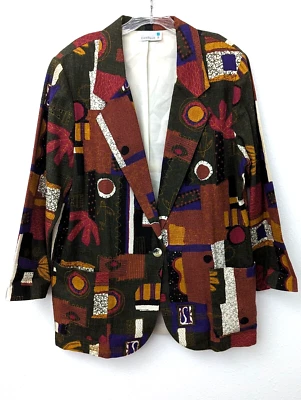 VTG Linen Artsy Blazer Jacket Womans L Lined Pockets Abstract Eclectic USA Made - Image 1 of 4