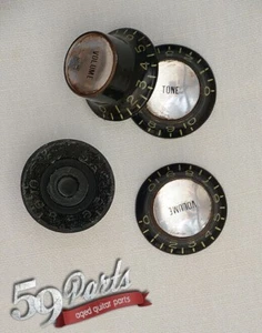 4 AGED RELIC GIBSON REFLECTOR KNOBS BLACK SILVER LES PAUL US SIZE 59 PARTS - Picture 1 of 3