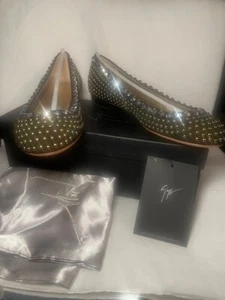 GIUSEPPE ZANOTTI Black Suede, Gold/Silver Studded Ballet Flats EU 37.5 US 7.5 - Picture 1 of 10