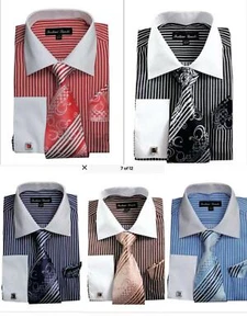 Men's Dress Shirt with Tie + Handkerchief, French Cuff Pin Striped Design New - Picture 1 of 11