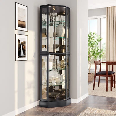 Ashfield Lighted Wood/Glass Curio Corner Cabinet Floor Standing - Image 1 of 4