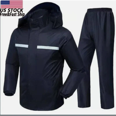 Mens Rain Suits Raincoat Jacket Pants Waterproof Safety Black Hooded US - Image 1 of 4