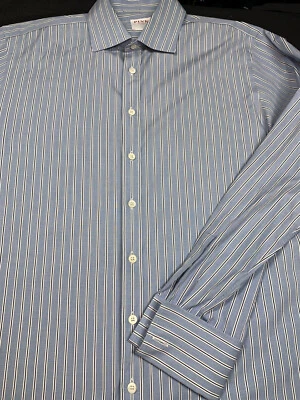 Pink Mens Button Front Long Sleeve Cotton Blue White Stripe Shirt 16 - Image 1 of 4