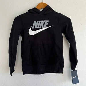 Nike Hoodie Youth 7 Black Long Sleeve Pullover Silver Logo White Swoosh Boys - Picture 1 of 7