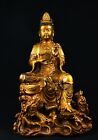 14,9 pouces ancien temple du bouddhisme tibétain bronze doré dragon Guanyin statue de bodhisattva