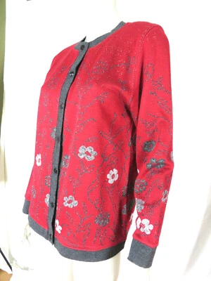 GEORGE SZ M NWOT Acrylic Red/Gray Trim Cuffs Flowers Sparkling Cardigan Sweater - Image 1 of 4