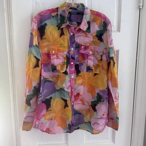 Lauren Ralph Lauren Floral Silk Blend Button Up Shirt Sz L Colorful Bloomcore - Picture 1 of 7