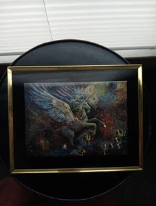 Girl Riding A Pegasus Vintage Foil Art Fantasy Print 8x10 Framed - Bild 1 von 4