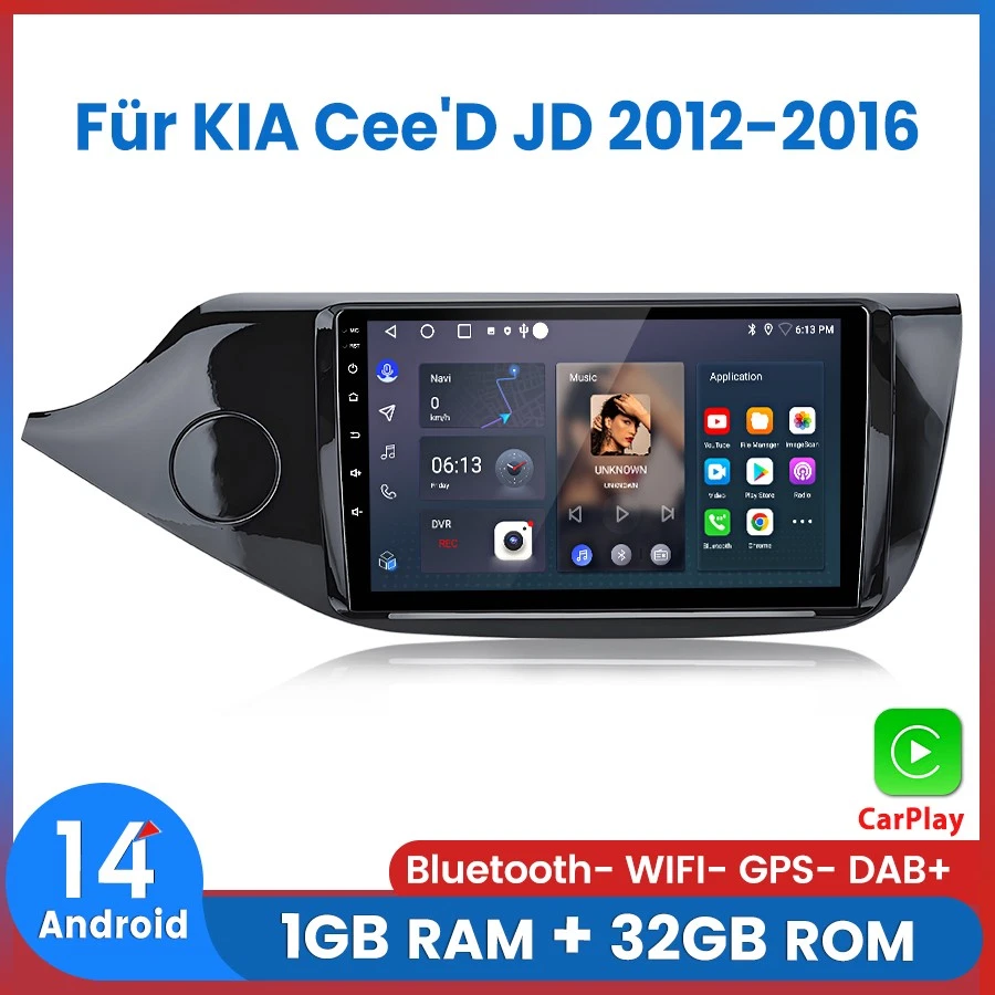 Für KIA Cee'D JD 2012-2016 Carplay Autoradio GPS Navi BT Android14 Wifi 32G DAB+ - Bild 1 von 4