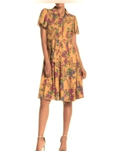 Nanette Lepore Vestido Floral Color Dorado Manga Acampanada Talla 6 - Imagen 1 de 5