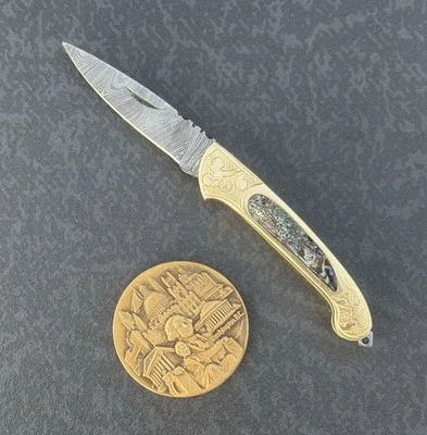 York Vivant Handmade Damascus Steel Abalone Shell  Folding Knife Art # CBIT-28 - Image 1 of 4