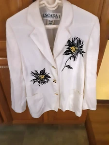 Vintage Escada Margaretha Ley 80er Jahre weißes Leinen mit Em. Sonnenblumen Blazer Gr. 38 RAR - Bild 1 von 11