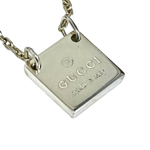 Collana con ciondolo catena placca quadrata logo Gucci donna argento Ag 925 con scatola