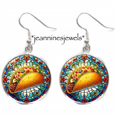 Taco Tuesday EARRINGS Faux Stained Glass Art Print Silver Charm Dangle Earrings - Image 1 of 4