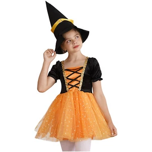 Kids Witch Costume Outfits Short Sleeve Sparkly Stars Dress Pointed With Hat - Picture 1 of 38