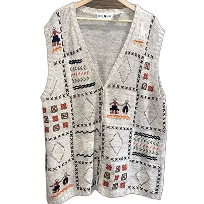 Cárdigan Vintage Bordado Azteca Geométrico Boho Capas Blanco Ciervo 26W/28W Foto 1 de 4