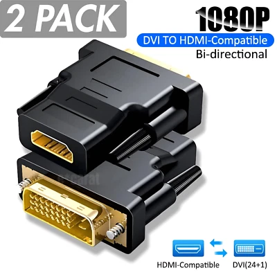 2-Pack DVI-D Male to HDMI Female Adapter for HDTV PC Monitor Projector Blu-ray - Image 1 of 4