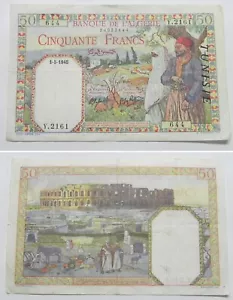 Vintage 1945 Tunisia 50 Francs Note, VF/XF, P-12a, Serial 644 - Picture 1 of 1