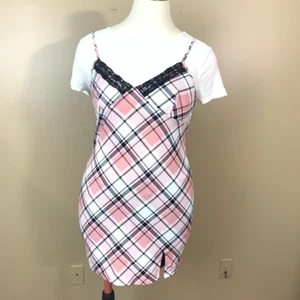 Girls Twofer Dress Dusty Rose Plaid Knee Length Short Sleeve Lace Slit XXL New - Picture 1 of 12