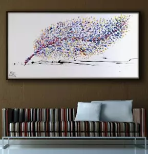 Purple writing Feather Painting 55", Original & Handmade, contemporary art - Picture 1 of 4