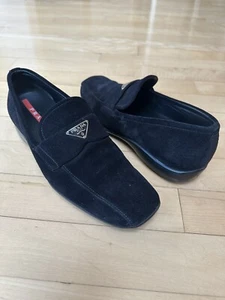 PRADA women’s Suede Black Slip-on Loafers Triangle Logo Size 37 - Picture 1 of 20