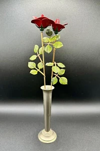 Metal Red Long Stem Roses in Silver Metal Vase Ted Arnold Vintage USA 11" tall - Picture 1 of 5