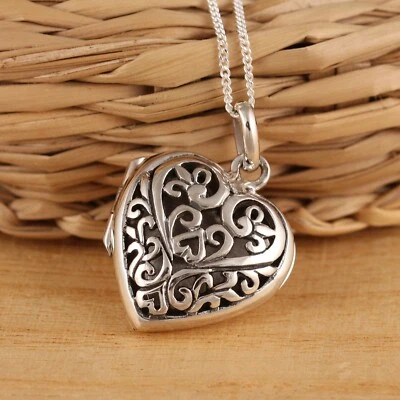 Solid 925 Sterling Silver Filigree Heart Locket Pendant Necklace Gift Boxed - Image 1 of 4