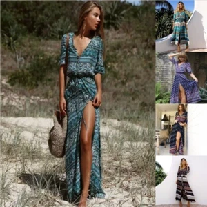 Summer Beach Long Maxi Dress V-Neck Sundress Ladies UK V-Neck Boho Floral Women - Picture 1 of 15