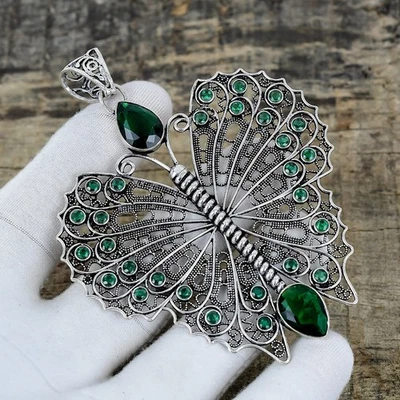 Unico Verde Tormalina Foglia Forma Ciondolo Mano 925 Argento Sterling Gioielli - Immagine 1 di 4
