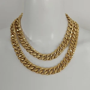 Vintage Thick Double Cuban Chain Statement Necklace Gold Tone 18" - Picture 1 of 4