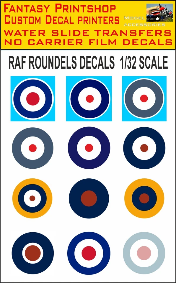 FANTASY PRINTSHOP RAF ROUNDELS DECALS WATER SLIDE TRANSFERS 1/32 SCALE MODELS PLANES R.A.F JETS