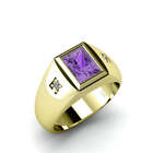 Solid 10k Gold Designer Men's Ring 0.06ct Diamonds With Purple Amethyst Classic