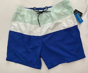 Nautica Quick Dry Blue & White Brief Lined Swim Trunks Boardshorts Men's NWT - Picture 1 of 7