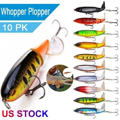 Paquete de 10 señuelos Whopper Plopper Topwater, señuelos flotantes de cola de hélice para bajos Foto 1 de 4