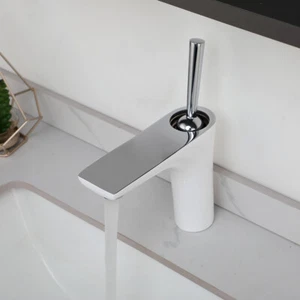 Grifo mezclador de picos de lavabo blanco cromado para baño manija individual - Imagen 1 de 12