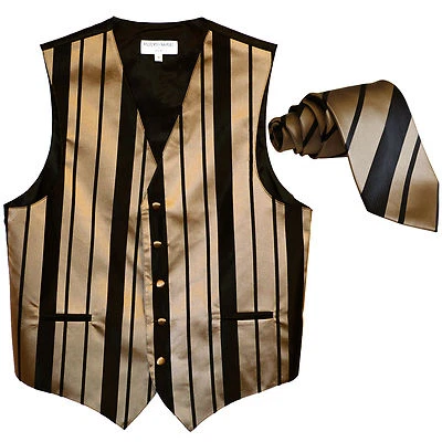 New formal men's tuxedo vest waistcoat & necktie vertical stripes black mocca - Image 1 of 4